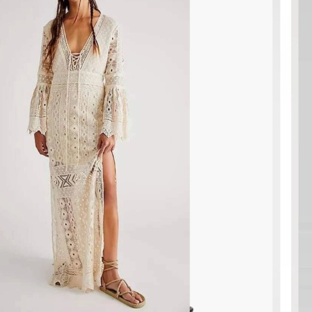 Free People Ivory Crochet Lace-Up Maxi Dress